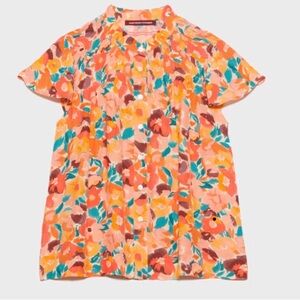 Comptoir Des Cotonniers  Floral Button Down Short Sleeve Blouse Large Orange
